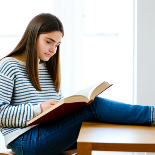 Home 18 A thoughtful young woman, aged around 17-18, dressed in a modest, contemporary sweater and jeans, seated at a clean wooden desk in a bright, modern study room. She is looking at an open book with a calm, curious expression, conveying a sense of understanding and personal growth. The room has soft, natural lighting, a few potted plants, and a comfortable chair. safe for work, appropriate content, fully clothed, modest clothing, perfect anatomy, correct proportions, natural pose, well-formed hands, proper finger count, natural body proportions, professional photography, high quality, family-friendly.