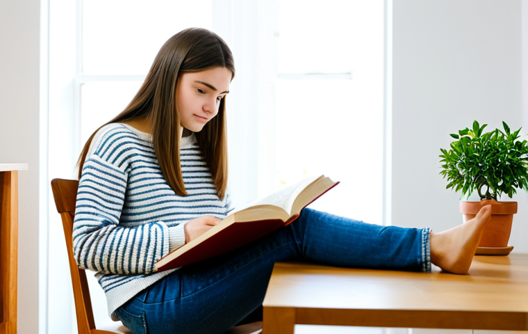 A thoughtful young woman, aged around 17-18, dressed in a modest, contemporary sweater and jeans, seated at a clean wooden desk in a bright, modern study room. She is looking at an open book with a calm, curious expression, conveying a sense of understanding and personal growth. The room has soft, natural lighting, a few potted plants, and a comfortable chair. safe for work, appropriate content, fully clothed, modest clothing, perfect anatomy, correct proportions, natural pose, well-formed hands, proper finger count, natural body proportions, professional photography, high quality, family-friendly.