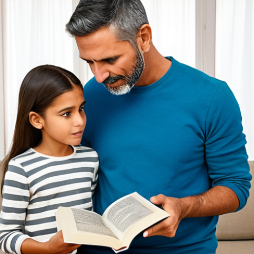 Home 10 **A parent gently explaining puberty to their child using a book with anatomical illustrations, fully clothed, in a brightly lit living room. Educational materials visible. Safe for work. Appropriate content. Modest. Family-friendly. Perfect anatomy. Natural proportions. Professional illustration.**