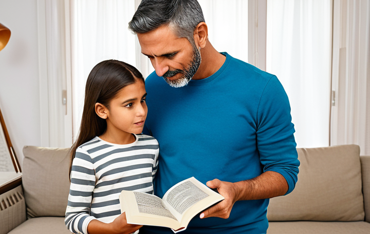 **A parent gently explaining puberty to their child using a book with anatomical illustrations, fully clothed, in a brightly lit living room. Educational materials visible. Safe for work. Appropriate content. Modest. Family-friendly. Perfect anatomy. Natural proportions. Professional illustration.**