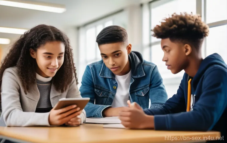 성교육과 청소년의 성적 가치관 - **Prompt:** A diverse group of four teenagers (two boys, two girls) aged 15-17, dressed in casual, m...