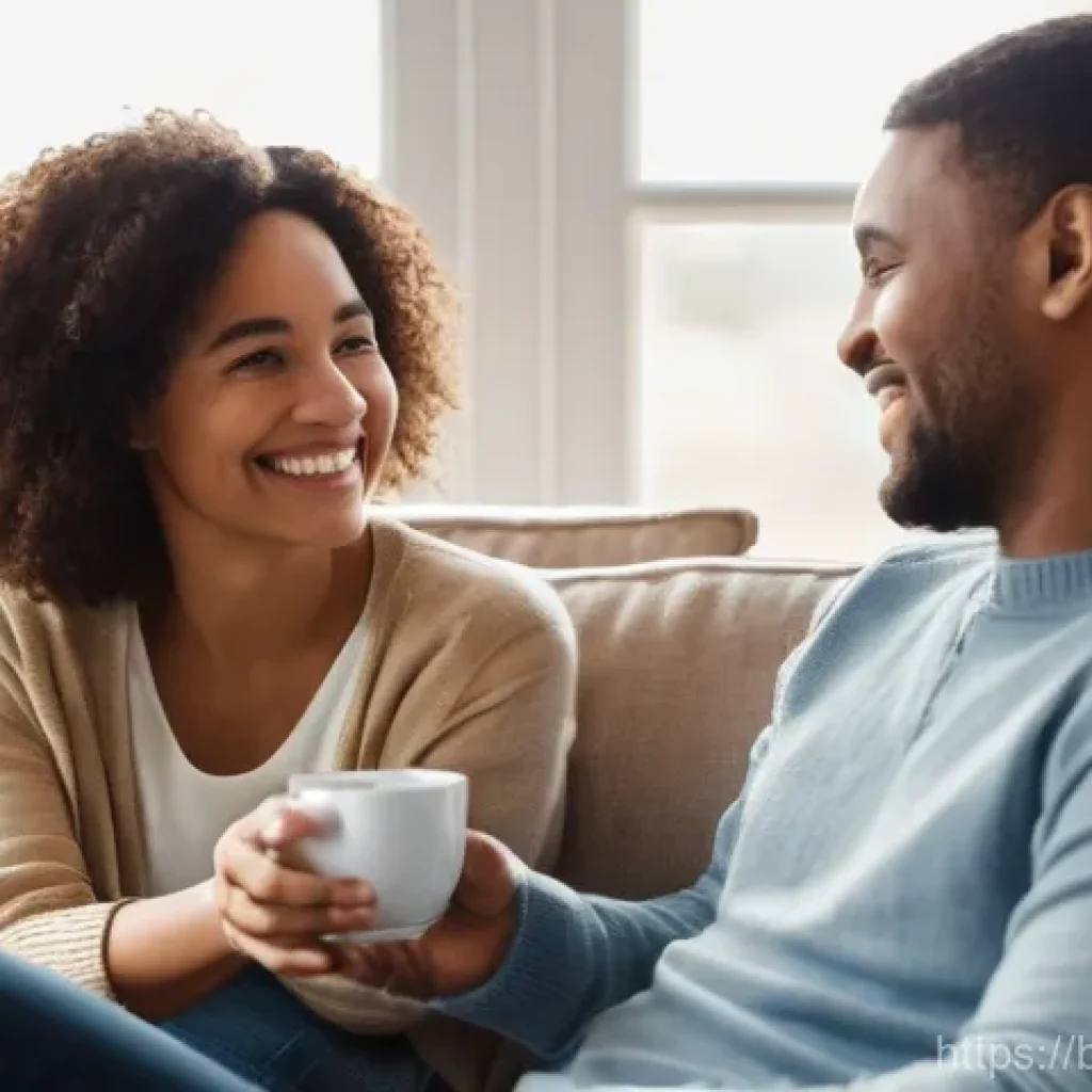 성교육과 부부 상담 - **Prompt:** A diverse couple in their early 30s sitting comfortably on a plush sofa in a sun-drenche...