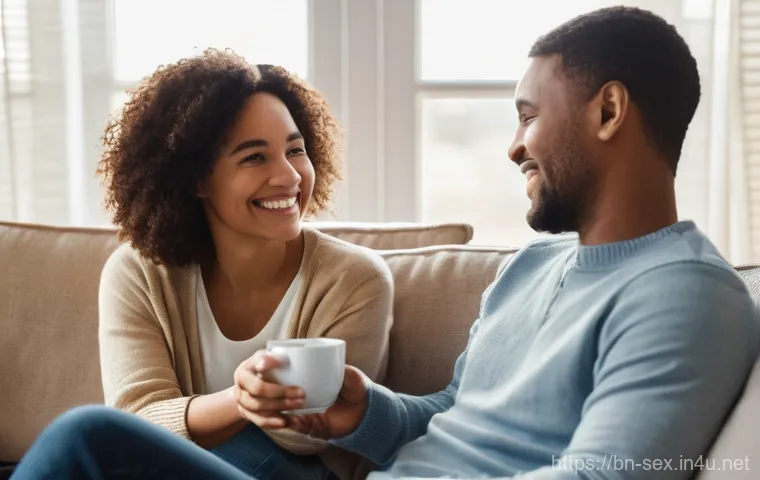 성교육과 부부 상담 - **Prompt:** A diverse couple in their early 30s sitting comfortably on a plush sofa in a sun-drenche...
