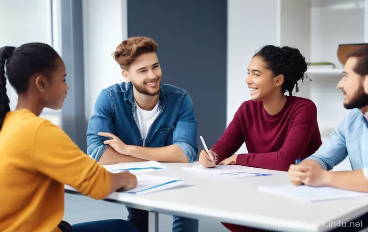 성교육과 올바른 피임법 - **Prompt 1: Youthful Dialogue on Health Awareness**
    A group of four diverse young adults (two fe...