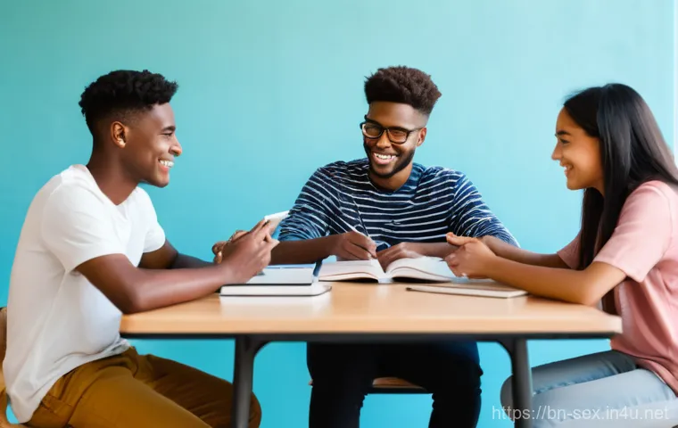 성교육과 안전한 성생활 - **Open Communication and Knowledge Sharing:**
    "A diverse group of young adults, both male and fe...