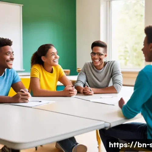 성교육과 사회적 고정관념 - **Prompt:** "A brightly lit, modern community center classroom. A diverse group of teenagers and you...