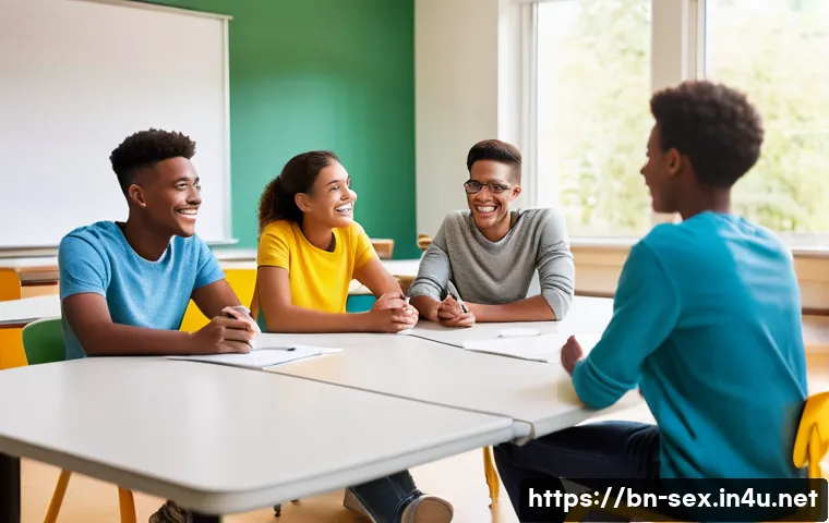 성교육과 사회적 고정관념 - **Prompt:** "A brightly lit, modern community center classroom. A diverse group of teenagers and you...