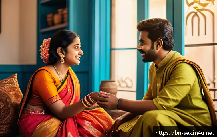 성교육과 성적 관계 형성법 - A warm and intimate scene of a Bengali couple sitting comfortably in a cozy living room, engaged in ...