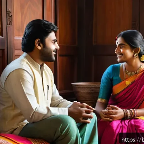 Home 31 성교육과 데이트 폭력 - A warm and inviting scene of a Bengali couple sitting comfortably in a traditional living room, enga...