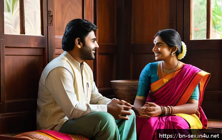 성교육과 데이트 폭력 - A warm and inviting scene of a Bengali couple sitting comfortably in a traditional living room, enga...