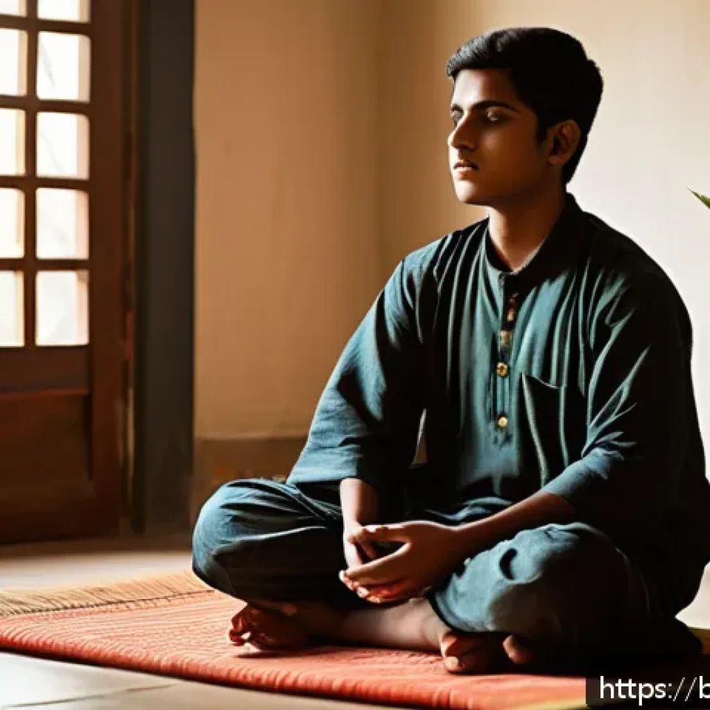 성교육과 성적 충동 조절 - A serene scene of a young Bengali adolescent sitting cross-legged on a traditional woven mat, practi...