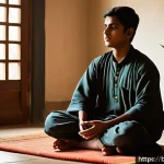 Home 23 성교육과 성적 충동 조절 - A serene scene of a young Bengali adolescent sitting cross-legged on a traditional woven mat, practi...