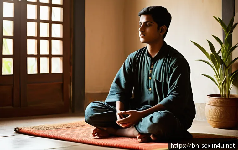 성교육과 성적 충동 조절 - A serene scene of a young Bengali adolescent sitting cross-legged on a traditional woven mat, practi...